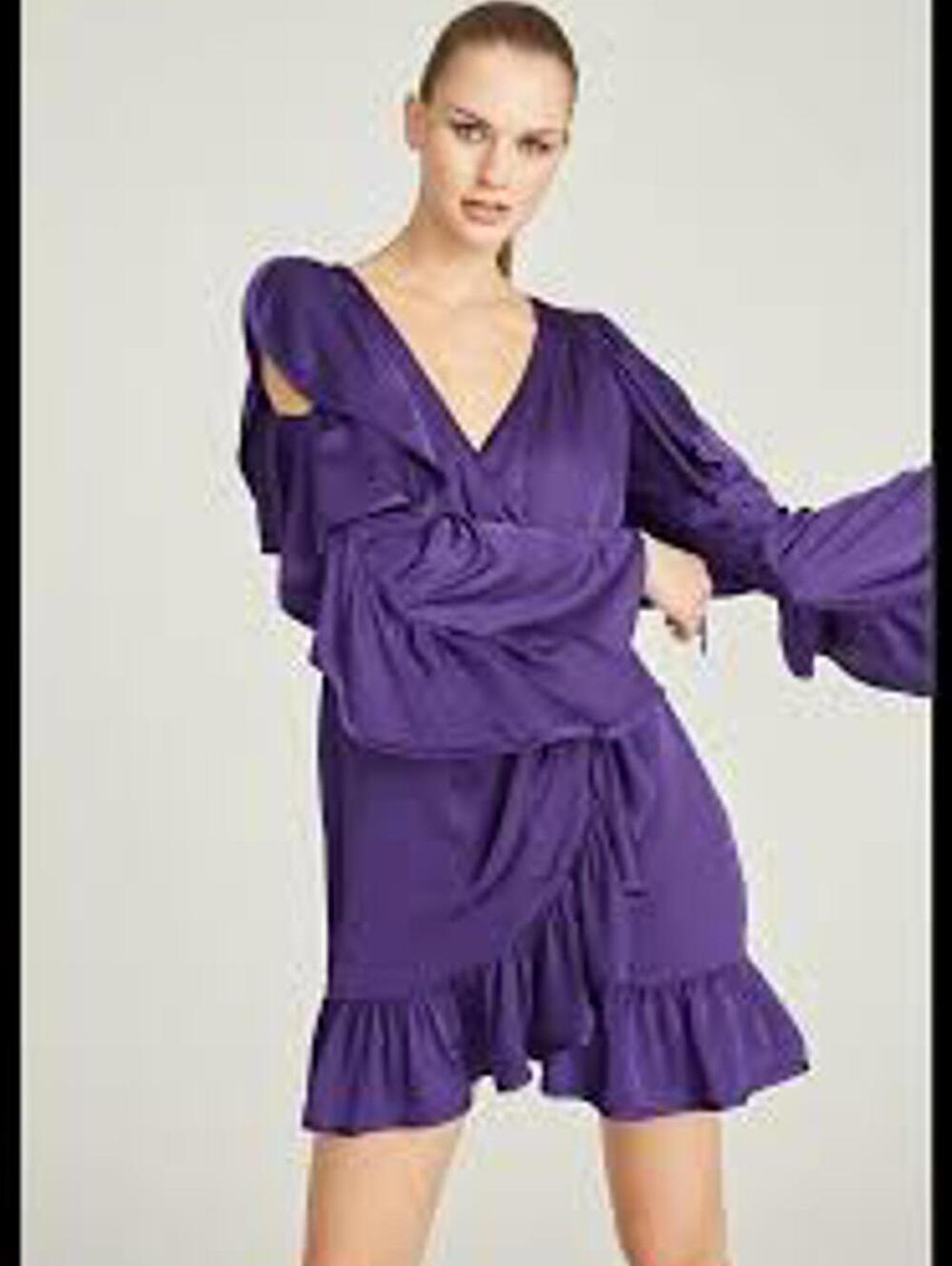 AMUR Monna Faux Wrap Mini Purple Ruffle Dress - Picture 6 of 8